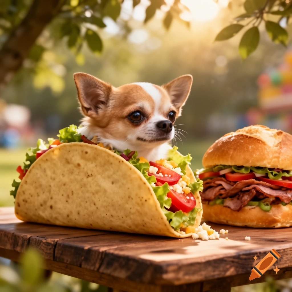 A chihuahua peers out from a large taco next to a burger on a wooden table outdoors, bathed in warm sunlight.