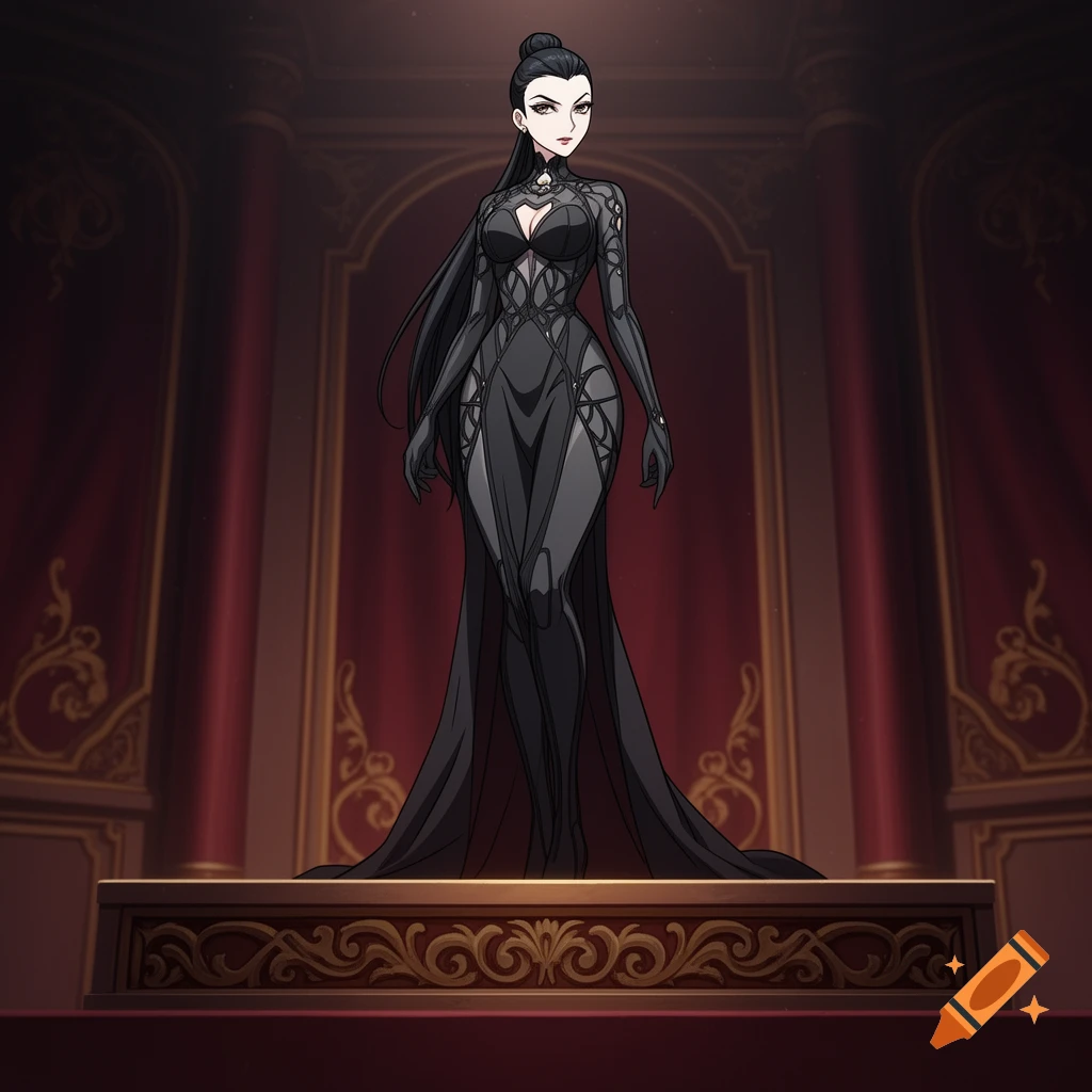 Anime woman with dark hair in an elegant, form-fitting black dress with lace patterns, standing on a red-curtained stage.