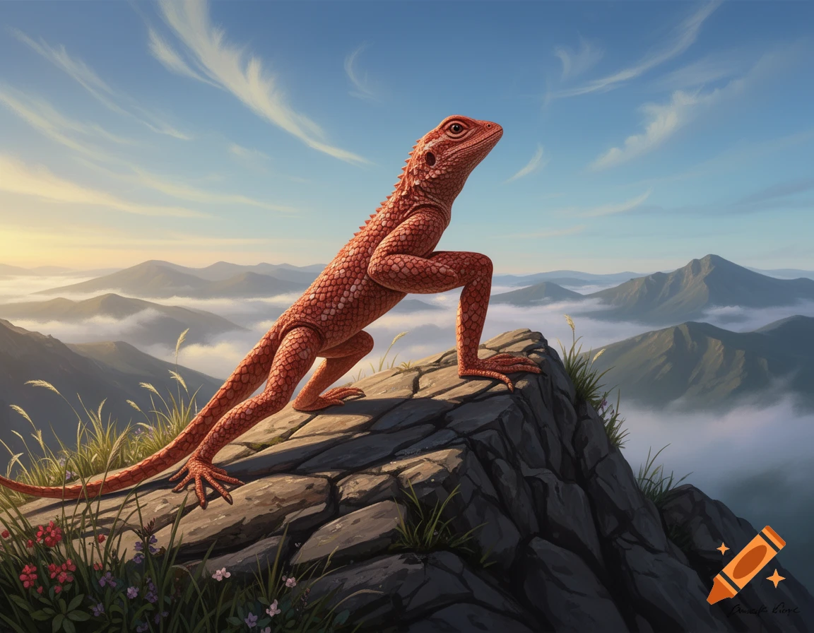 Red, clay-textured lizard in warrior yoga pose on a mountain peak overlooking misty valleys at sunrise, digital painting.