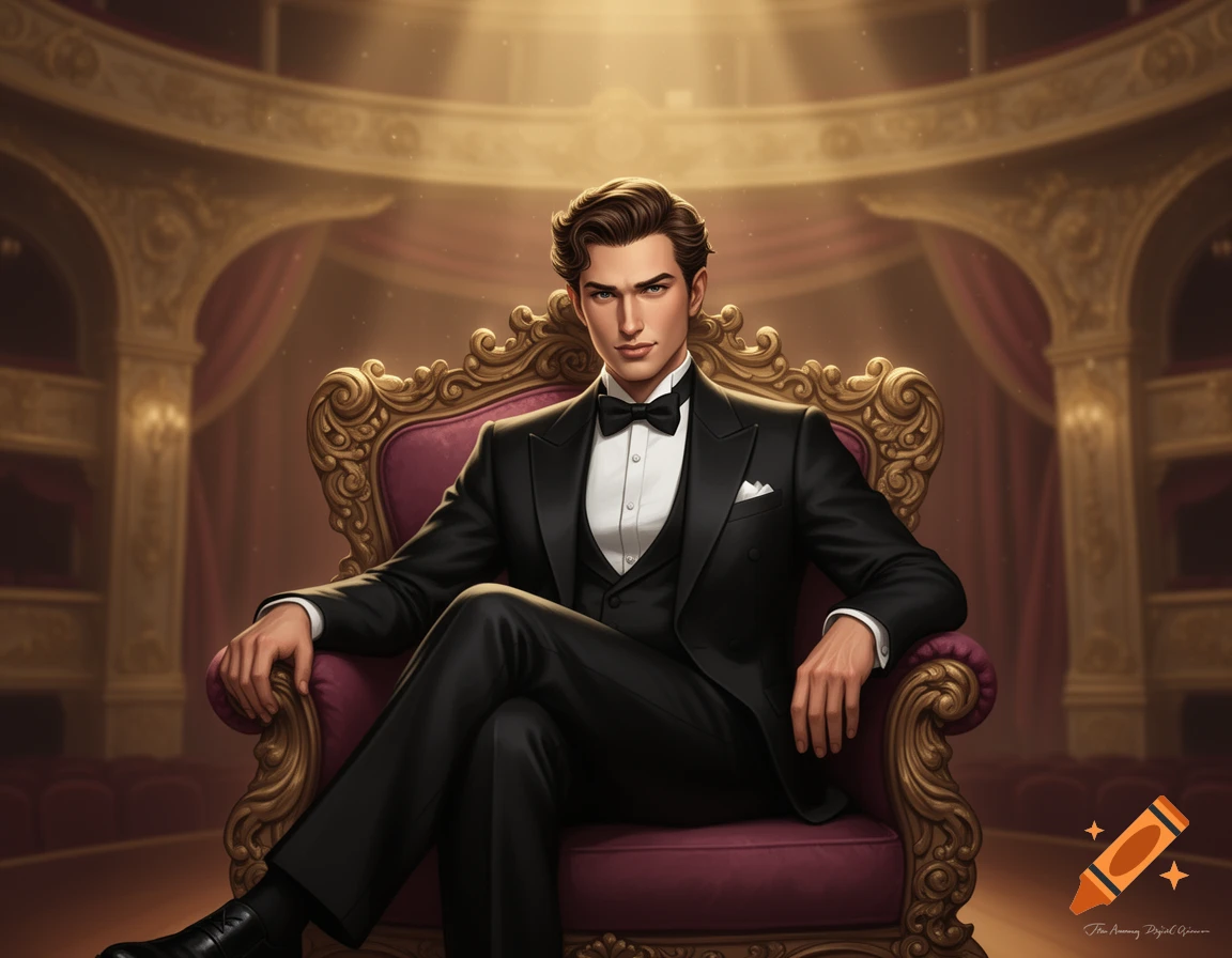 A stylized illustration of a man in a black tuxedo sitting in an ornate, purple and gold chair in a grand theater.