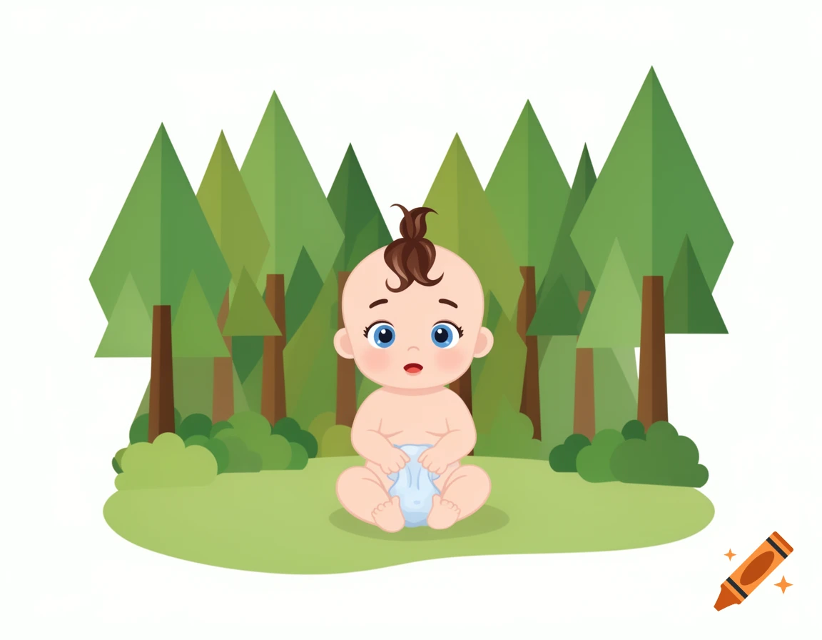 A cartoon baby girl with brown hair and blue eyes, wearing a blue diaper, sitting on green grass in front of a forest of trees.