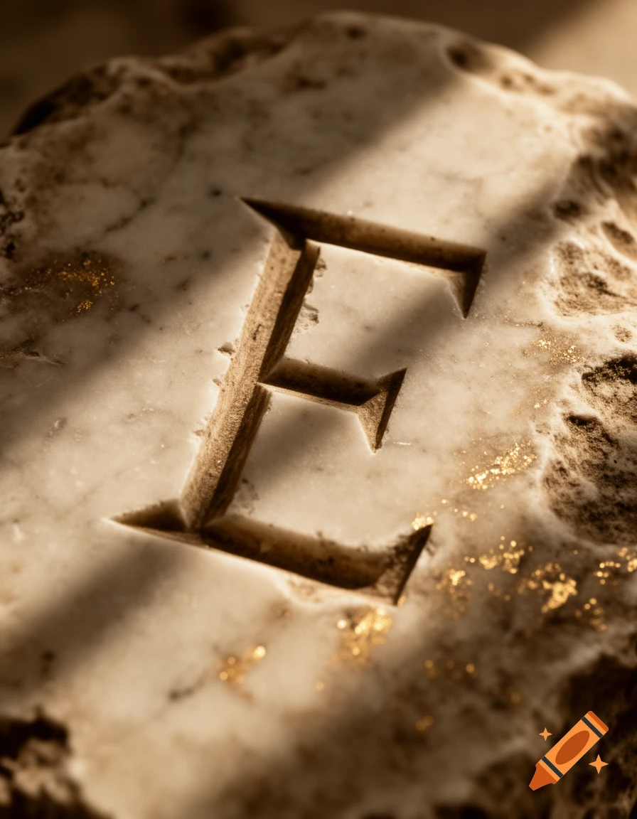 Close-up of a capital letter 'E' carved into a light-colored, rough marble or stone surface, with golden flecks and dramatic shadows.