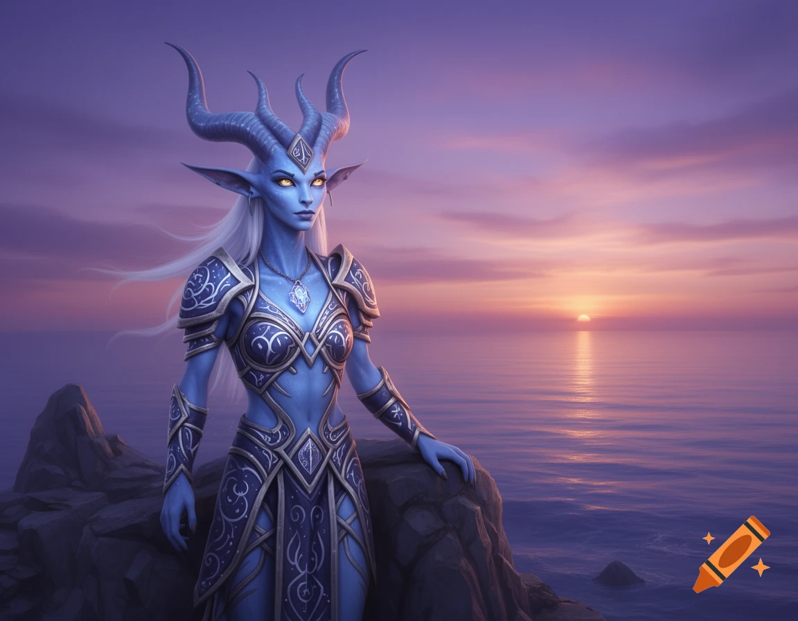 A blue-skinned horned woman in ornate armor stands on rocks by the sea at sunset. Fantasy art.