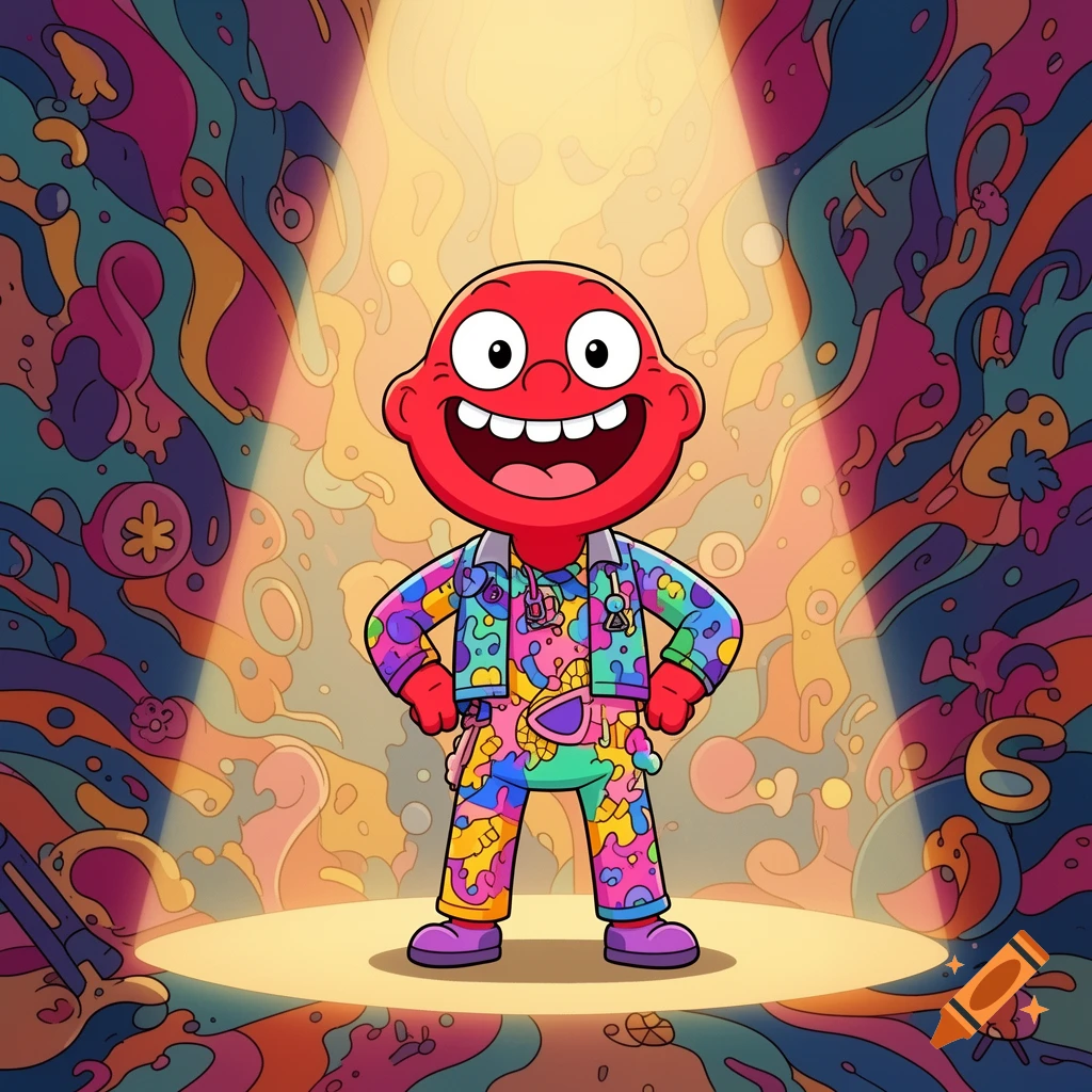 A smiling, red-faced cartoon character in a vibrant, patterned suit stands in a spotlight against an abstract, colorful background.