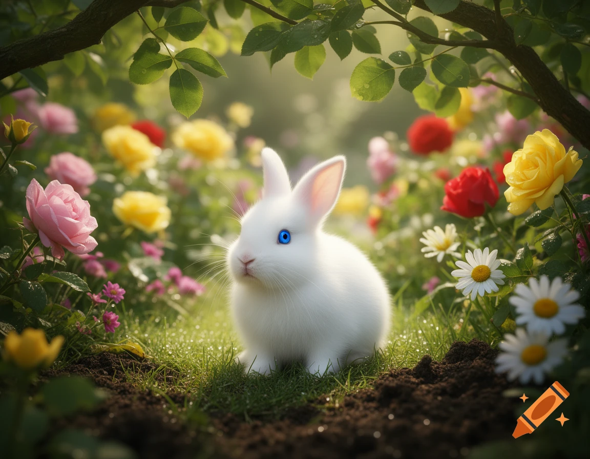 A fluffy white rabbit with bright blue eyes sits in a vibrant flower garden under dappled sunlight.