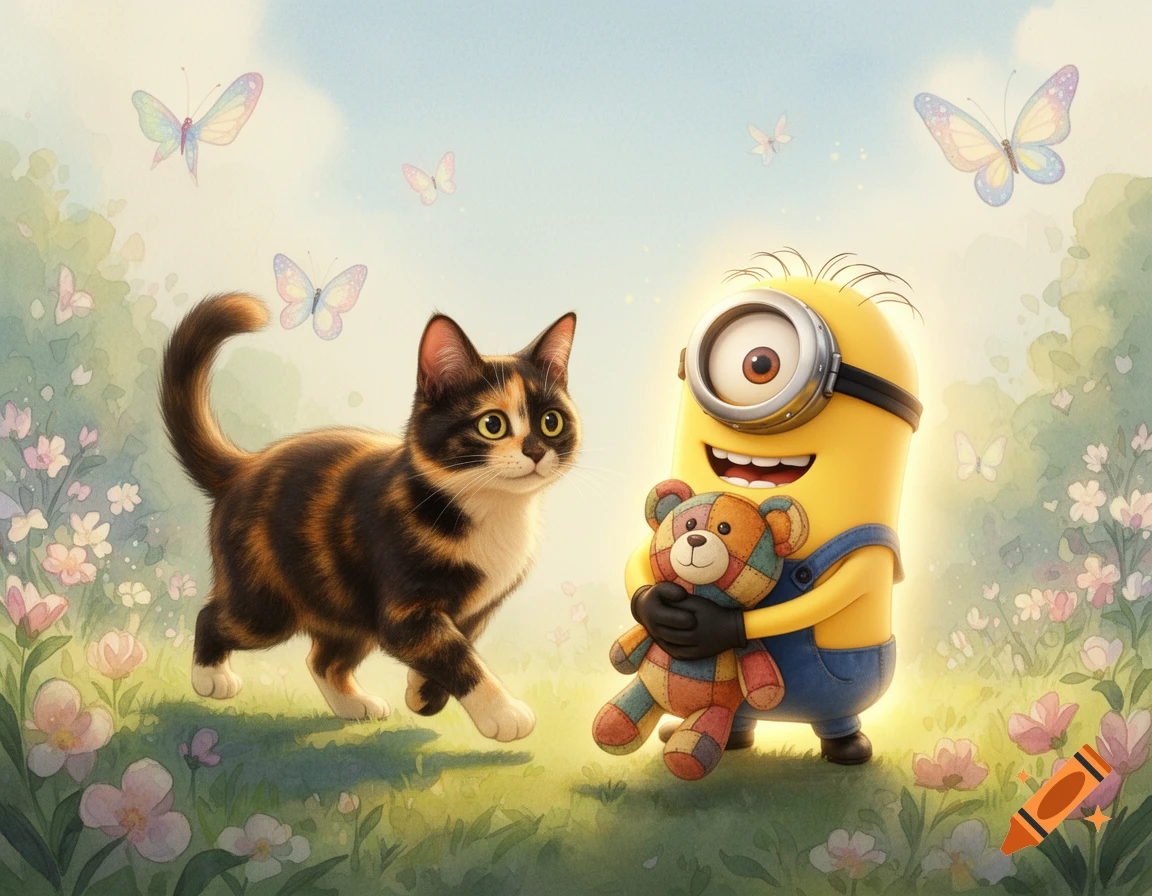 A calico cat and a Minion holding a teddy bear stand in a whimsical, flowery field with butterflies, rendered in a watercolor style.