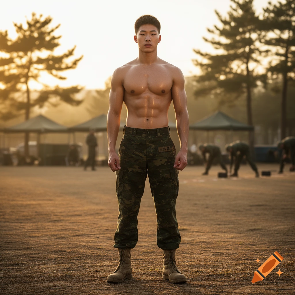 Photorealistic image of a shirtless muscular Asian soldier in camouflage pants and boots, standing outdoors at sunrise.