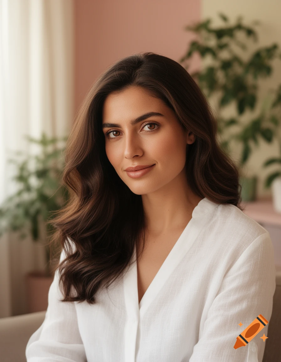 Photorealistic portrait of a beautiful woman with dark brown wavy hair and brown eyes, wearing a white shirt, smiling subtly indoors.