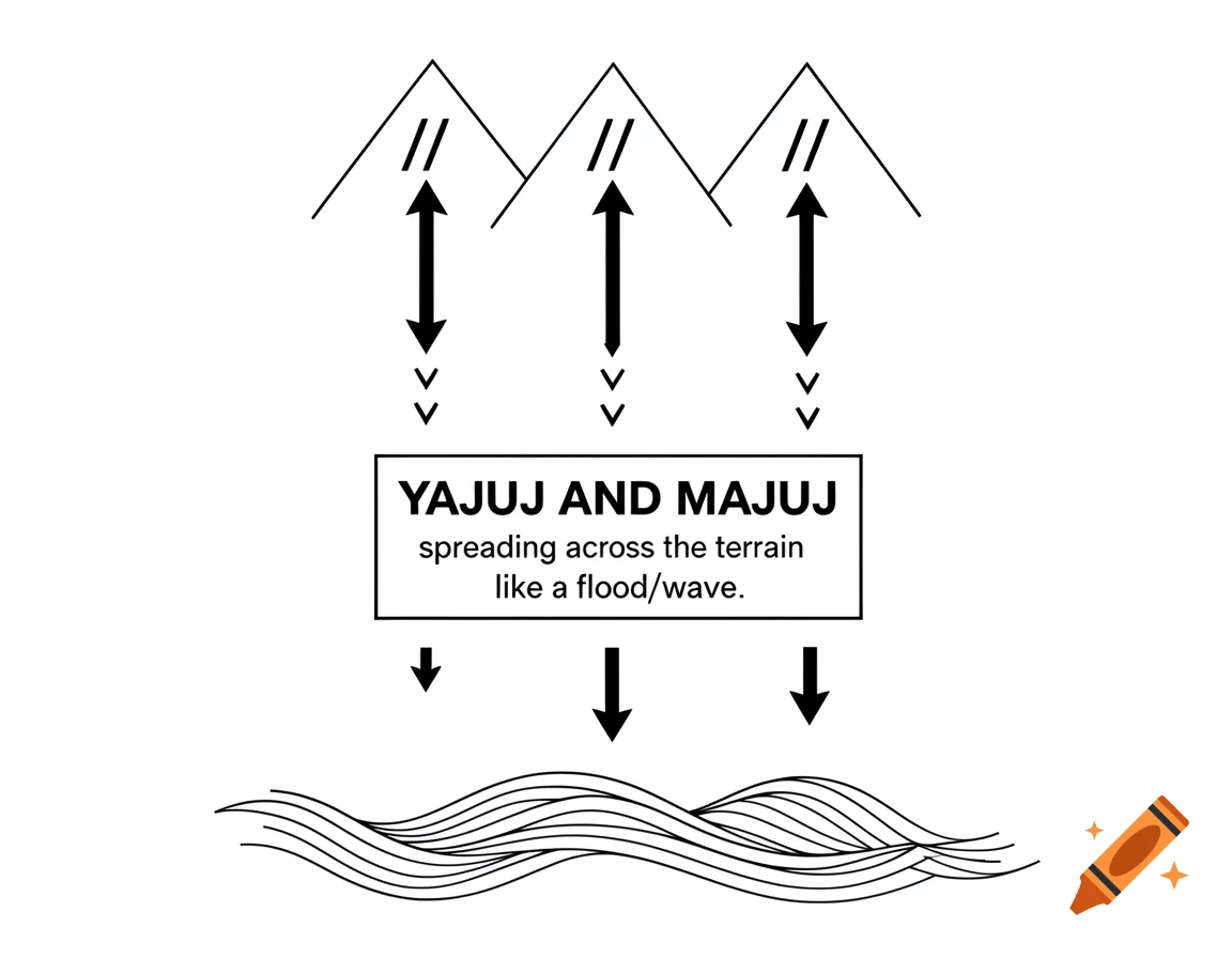 Clean, minimal infographic diagram with three mountain peaks and downward arrows. A central text box reads 'YAJUJ AND MAJUJ spreading across the terrain like a flood/wave,' with more downward arrows leading to wave-like lines.