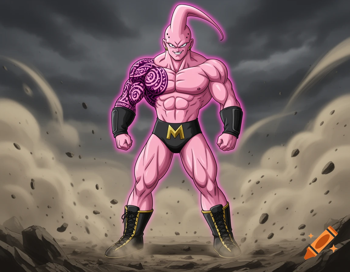 A muscular, pink-skinned character resembling Super Buu with a tribal tattoo, black wrestling trunks with a gold 'M' logo, and combat boots stands amidst rubble.