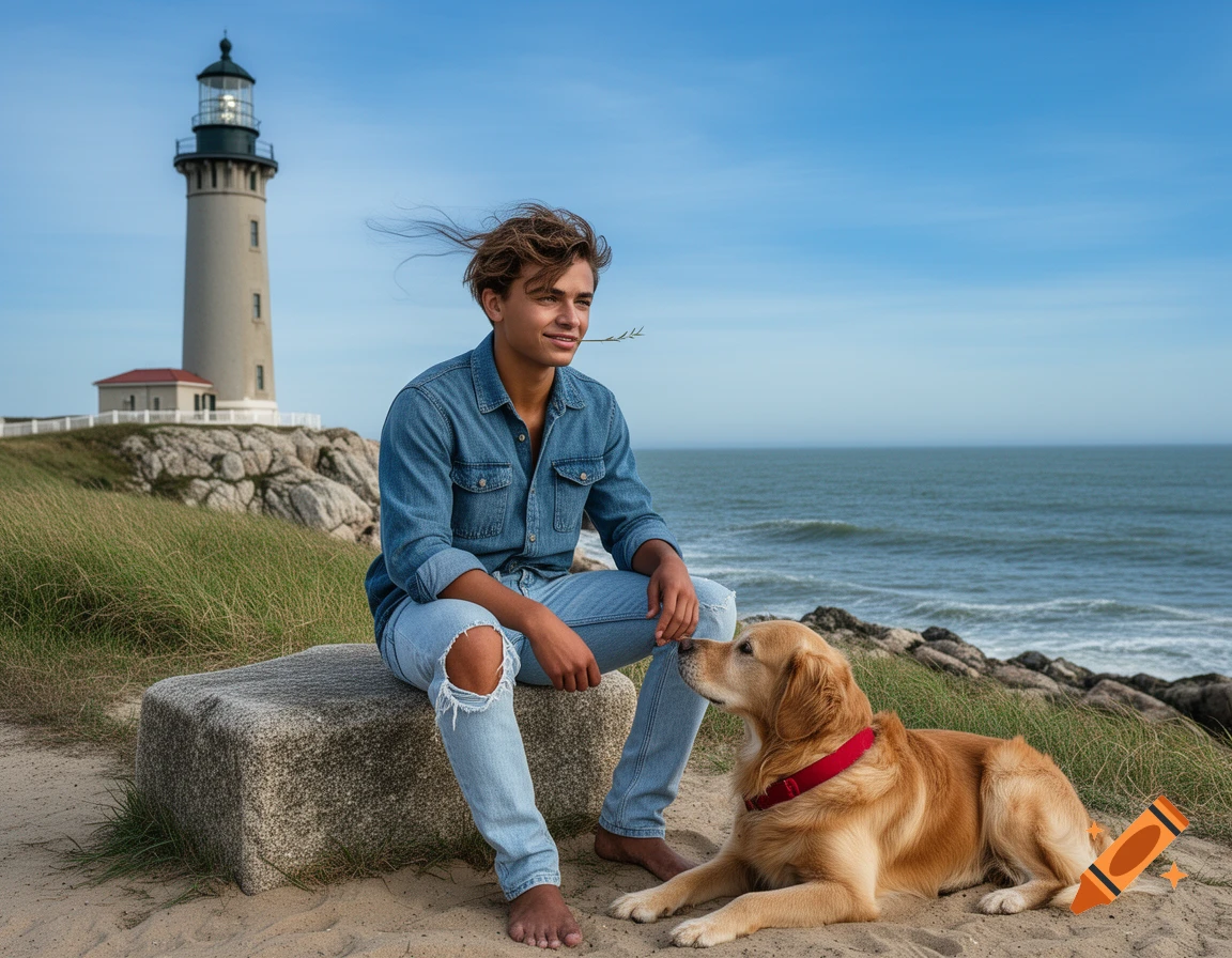 A young man and a golden retriever sit on a rock by a lighthouse on a sandy coast with the ocean in the background.