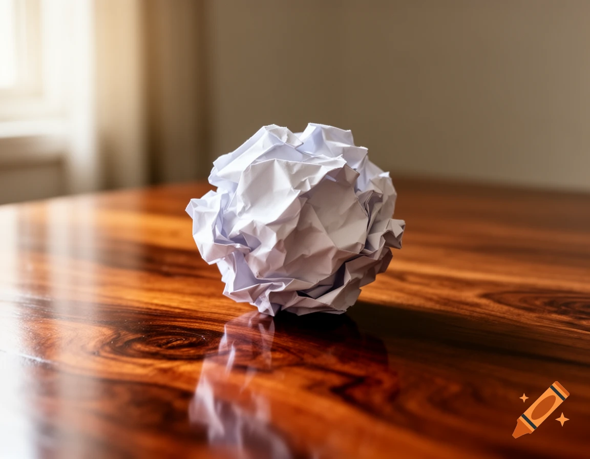 A crumpled white paper ball rests on a shiny, dark wooden table with soft window light in the background.