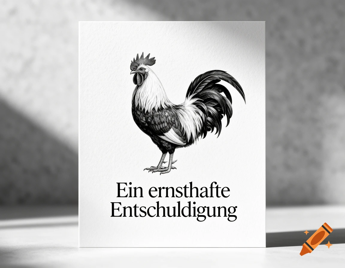 A black and white illustration of a rooster on a greeting card, with the German text "Ein ernsthafte Entschuldigung" below it.