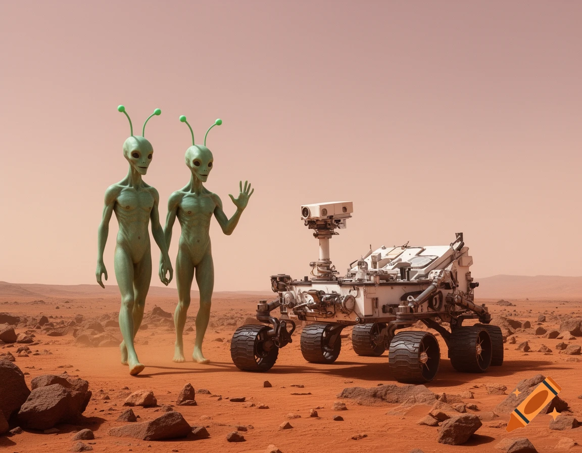 Two tall, skinny green aliens with deely bobbers approach a 6-wheeled Perseverance rover in a photorealistic Martian desert, one waving.