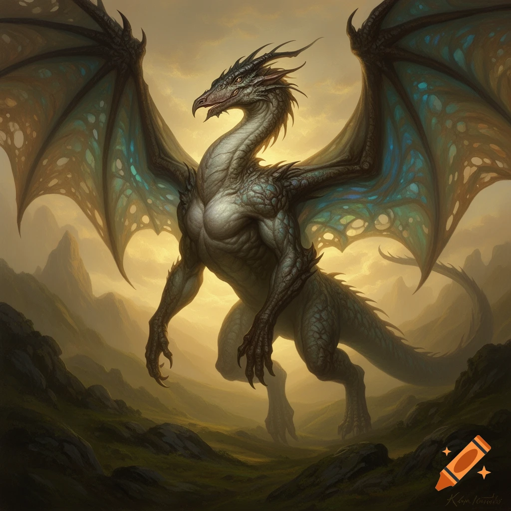 A majestic, muscular grey dragon with large, teal-veined wings stands in a misty, mountainous fantasy landscape under a golden sky.