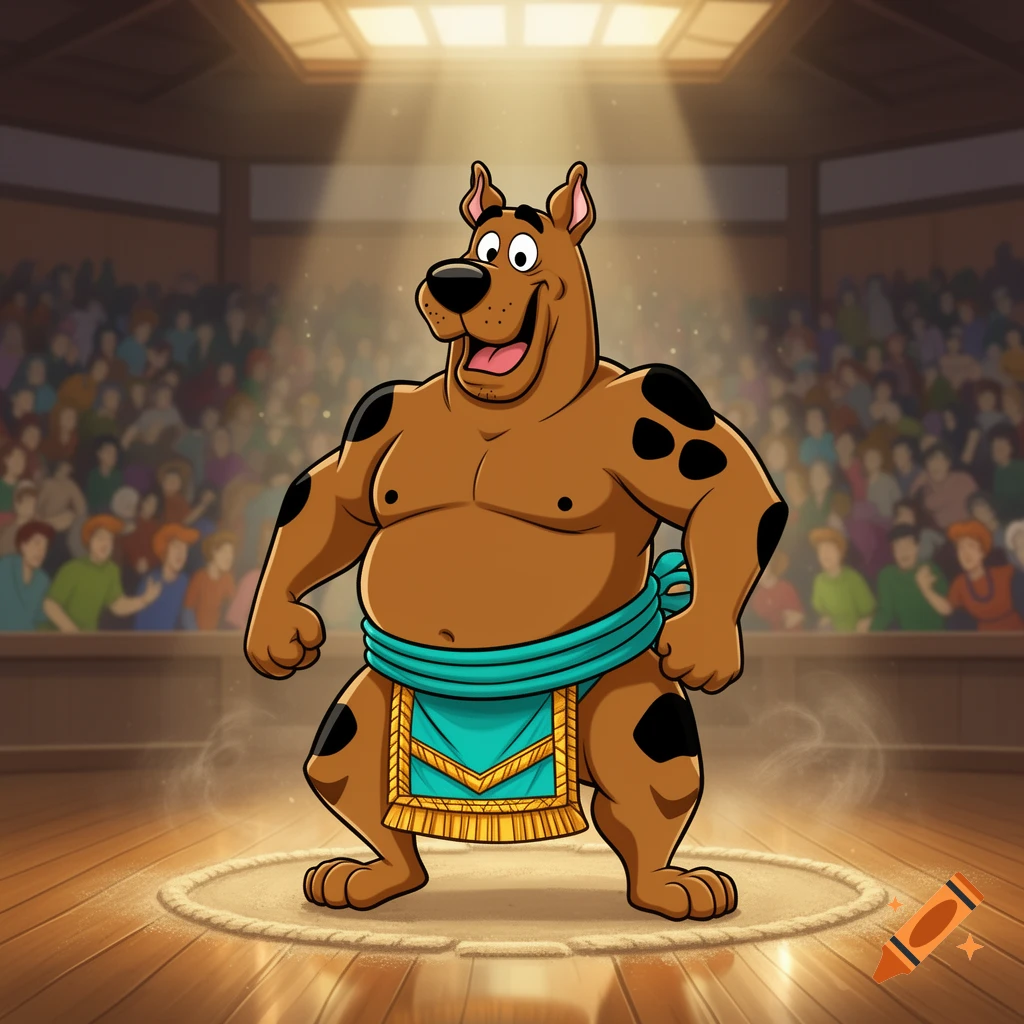 Scooby Doo, muscular, stands in a sumo wrestling mawashi in a brightly lit arena filled with spectators, cartoon style.