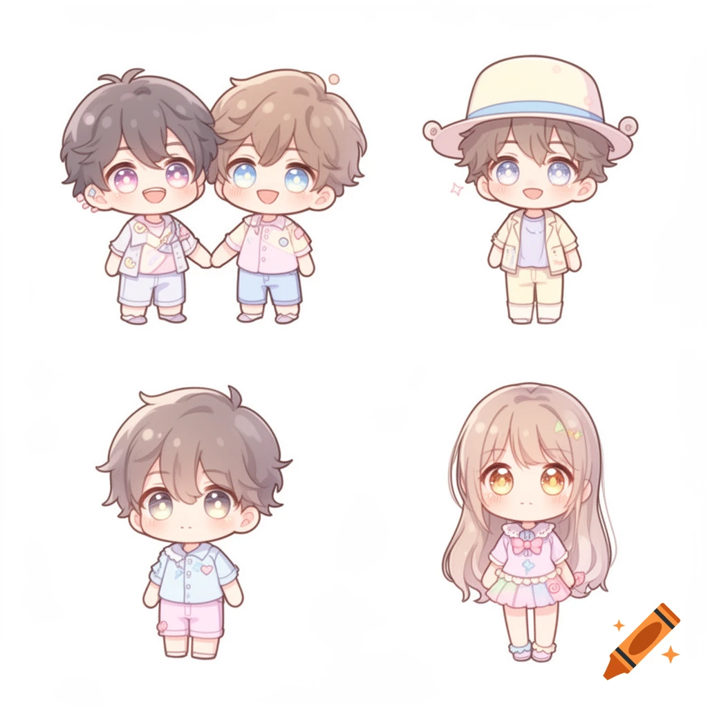 Four cute chibi characters with large eyes and pastel outfits on a white background. Two boys hold hands, another boy wears a hat, a third boy stands alone, and a girl with long hair smiles.
