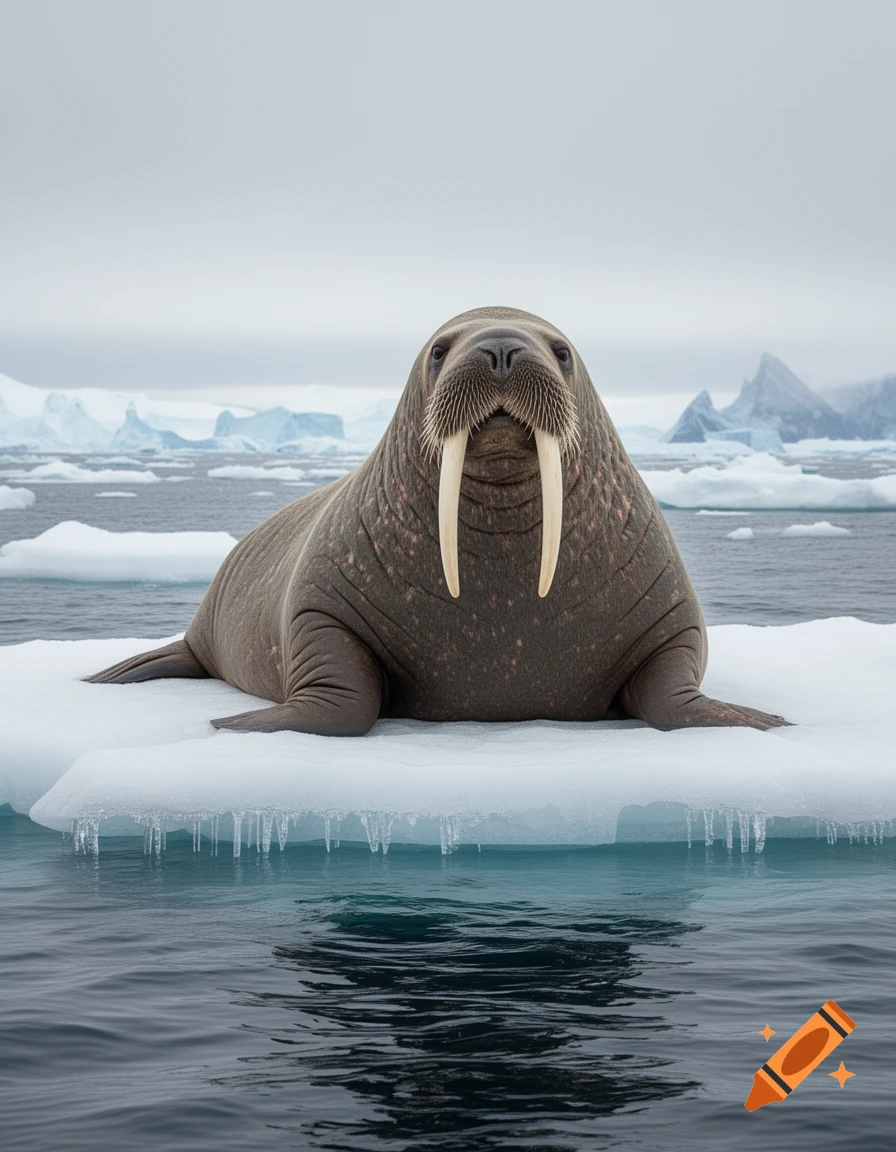 A photorealistic walrus with long tusks rests on an ice floe in cold ocean water with icebergs in the background.