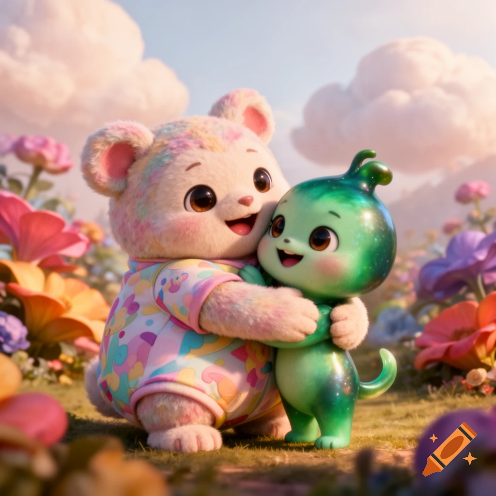 A fluffy, pastel-colored bear-like creature hugs a shiny green alien-like creature in a field of colorful flowers.