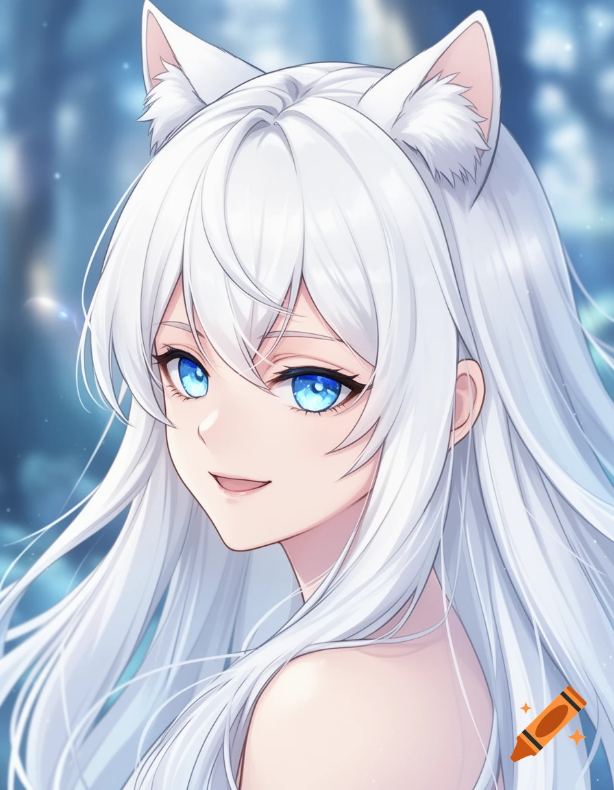 An anime girl with long white hair, blue eyes, and white cat ears smiles, looking over her shoulder against a blue background.