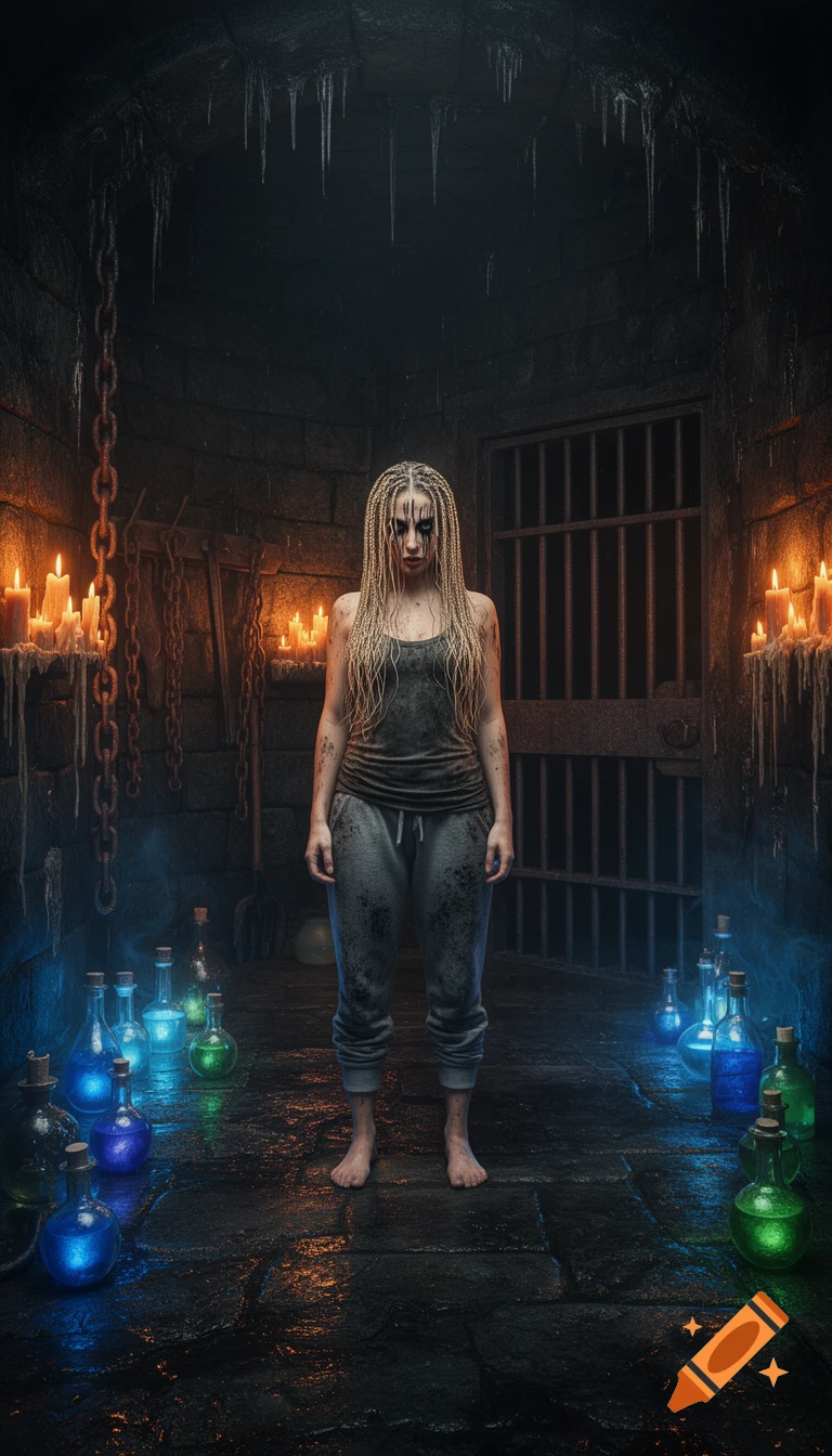 A goth woman with braided blonde hair stands barefoot in a dark, grimy dungeon lit by candles and glowing potions.