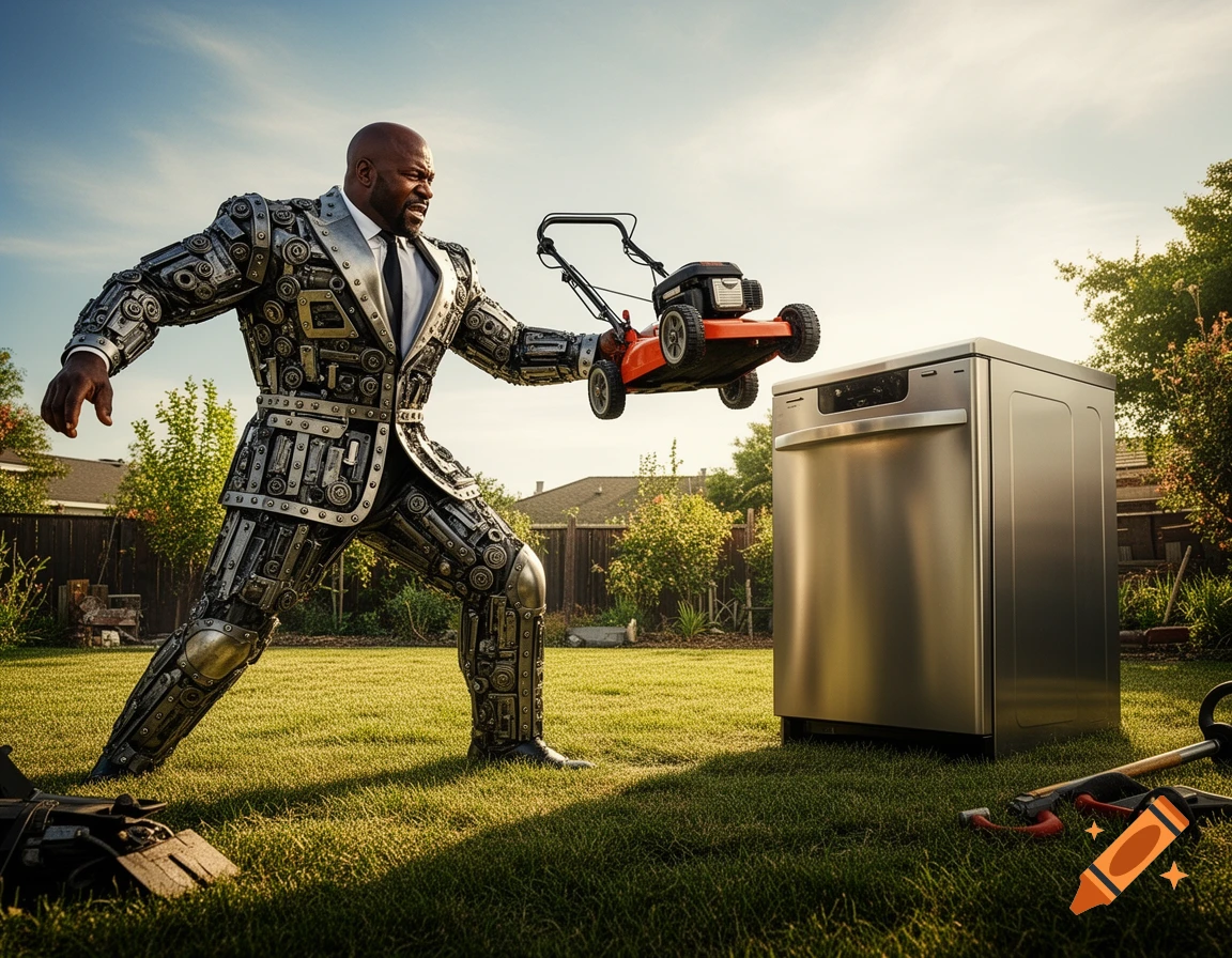 Photorealistic image of Terry Crews in a suit made of machine parts, throwing a lawnmower at a stainless steel dishwasher in a sunny backyard.