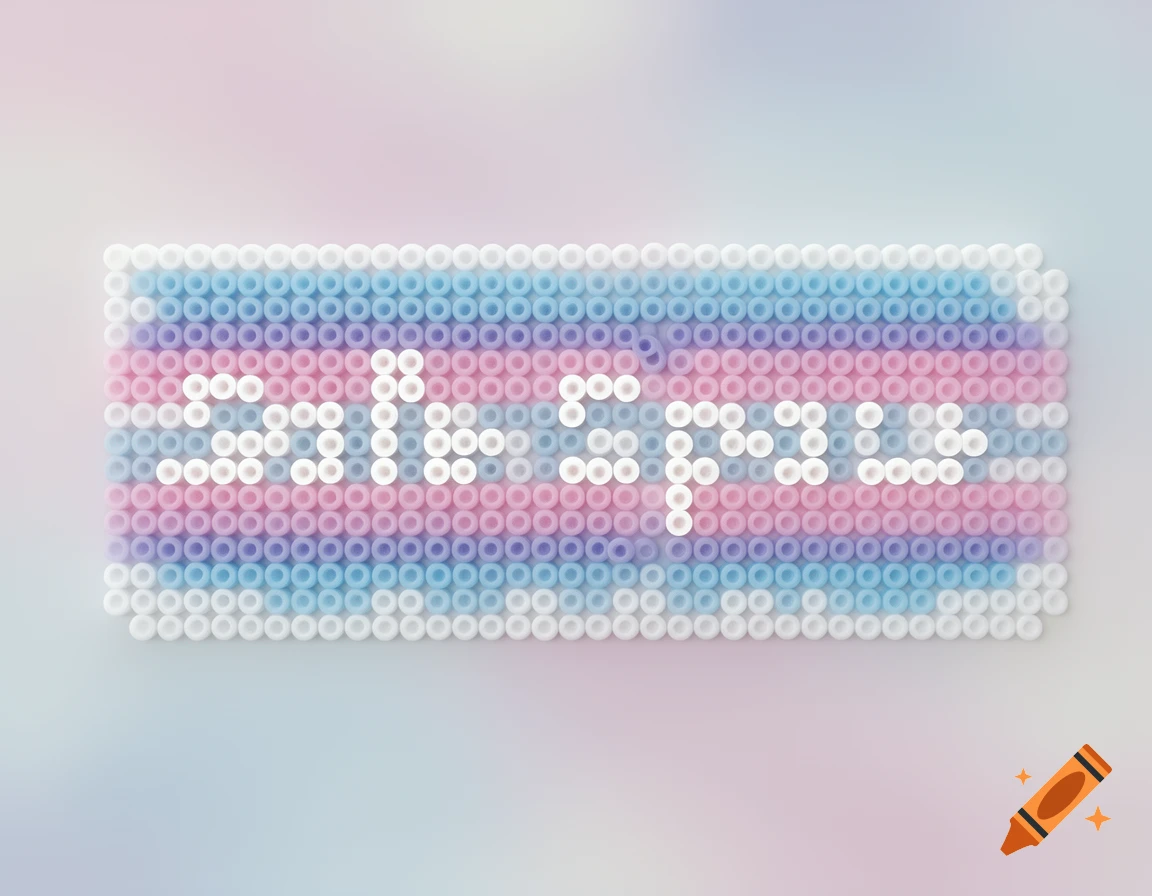 Perler bead art spelling 'safe space' in white against a background of trans pride flag colors.