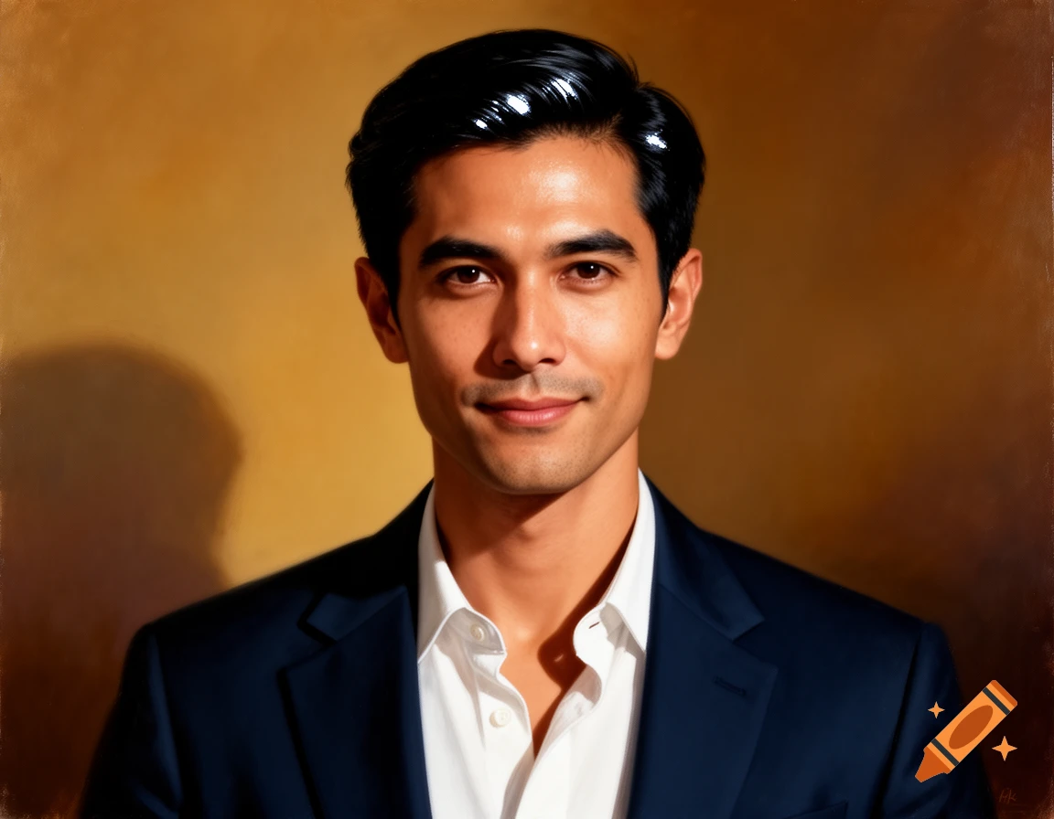 A painting of a smiling man with short black hair, wearing a dark suit and white shirt, against a golden background.