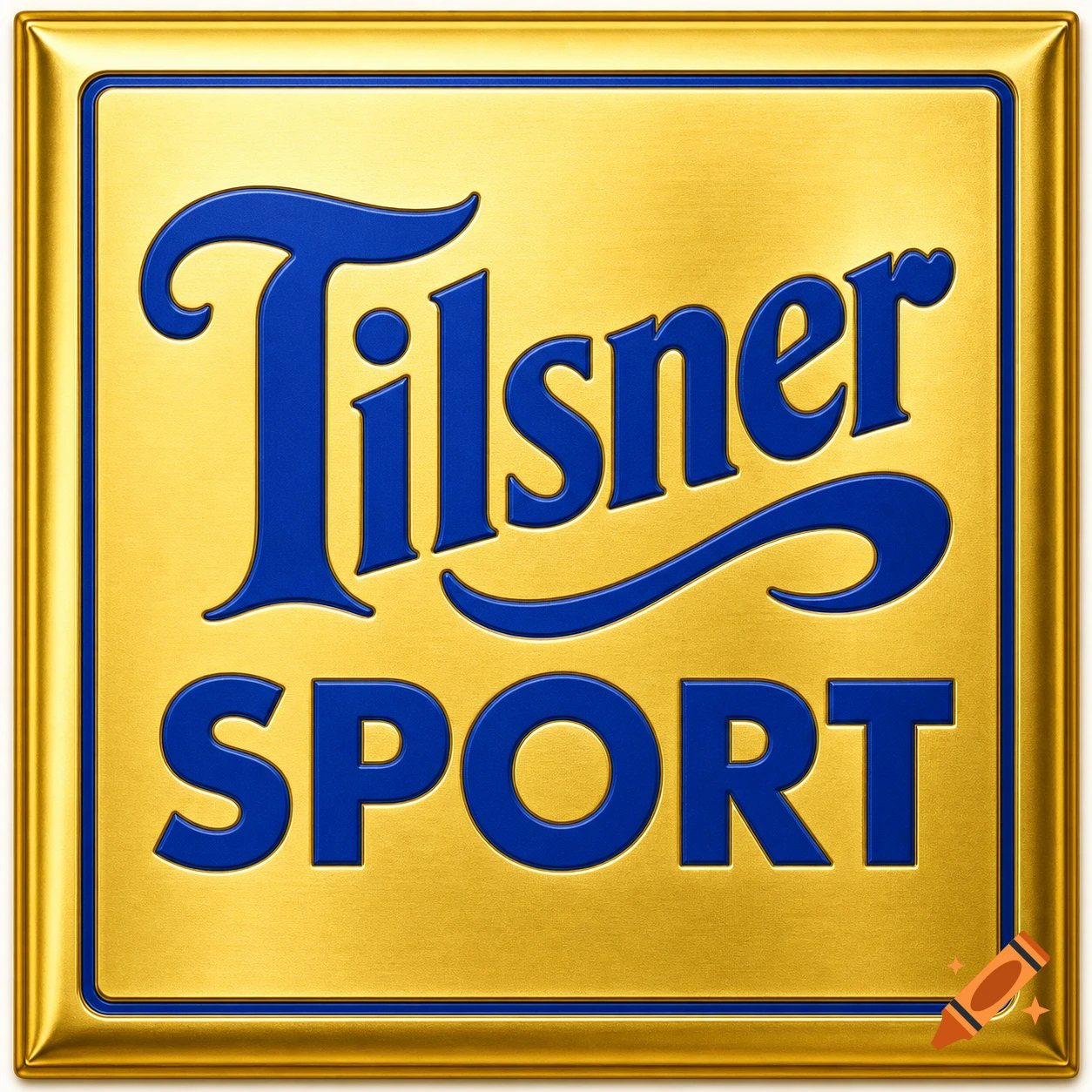 A gold square logo with blue embossed text that reads 'Tilsner SPORT'.