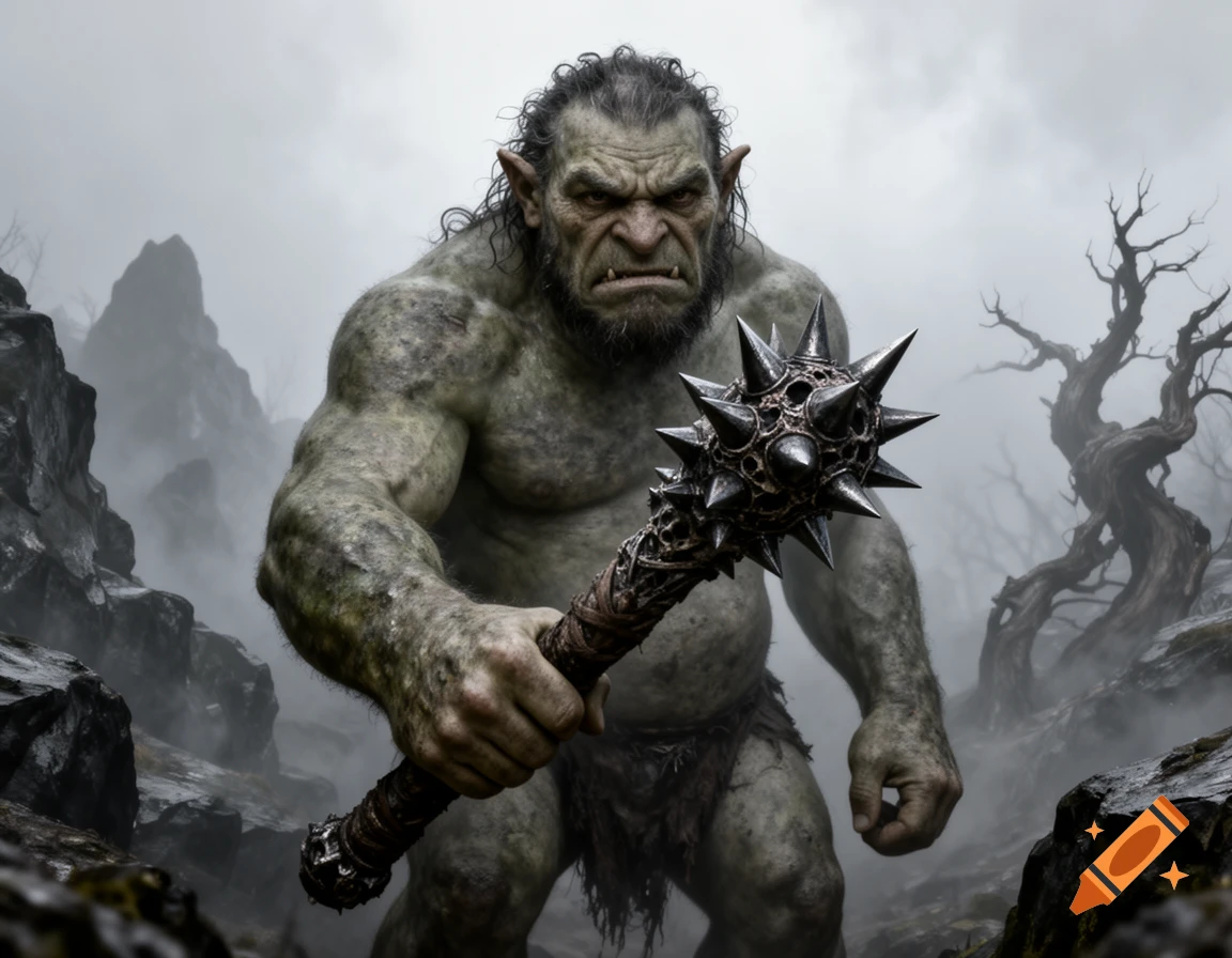 A large, green, muscular troll with a stern expression holds a spiked mace in a misty, rocky landscape with bare trees.