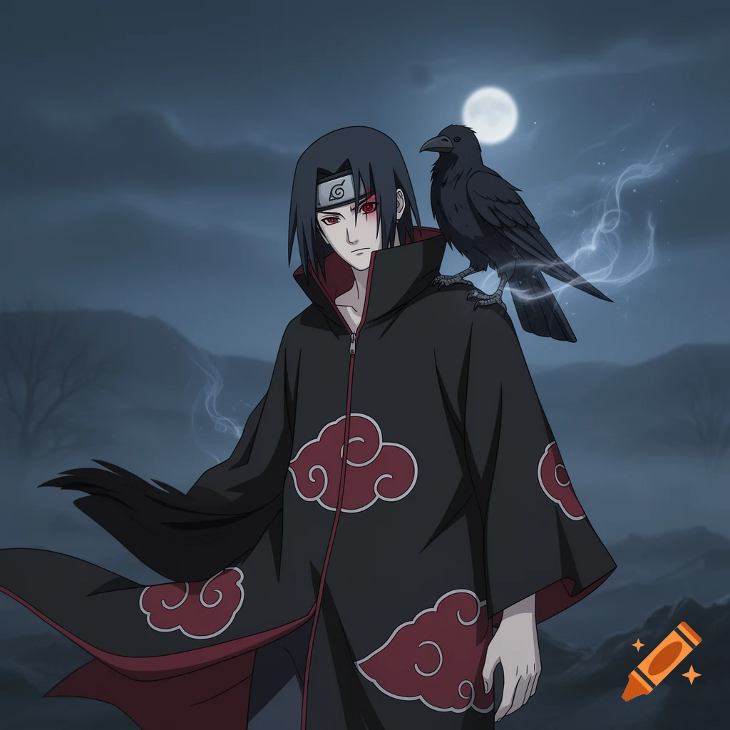Anime character Itachi in an Akatsuki cloak with a crow on his shoulder under a full moon in a cloudy night.