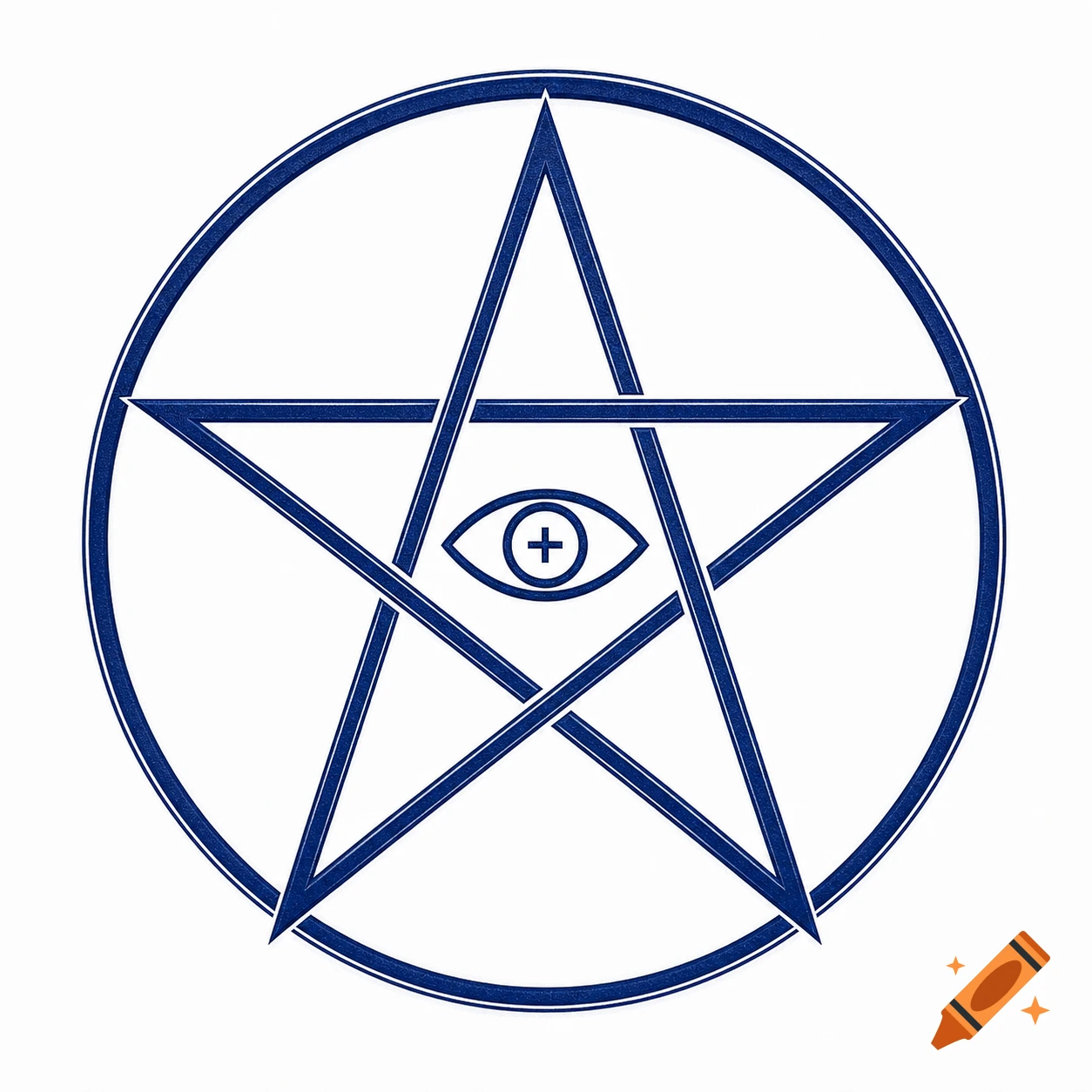 A precise blue pentagram encircled, with a minimalist eye and a plus sign within its center, on a white background.