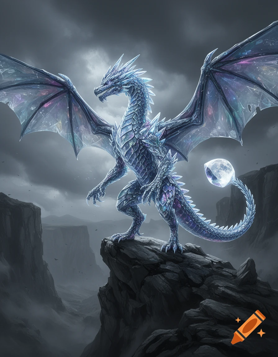 A majestic crystal-scaled dragon stands on a rocky cliff overlooking a misty canyon under a stormy sky.