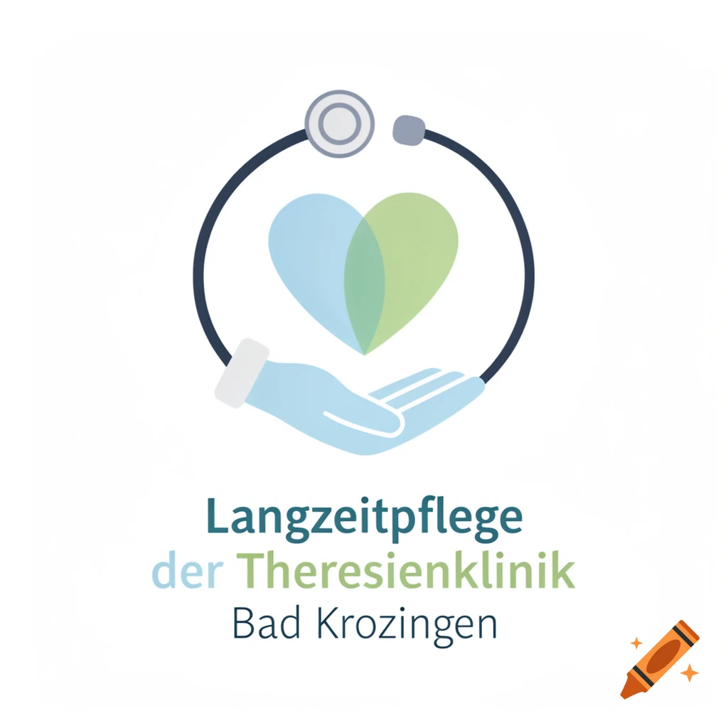 A logo with a light blue hand holding two overlapping hearts, encircled by a stethoscope. Text reads Langzeitpflege der Theresienklinik Bad Krozingen.