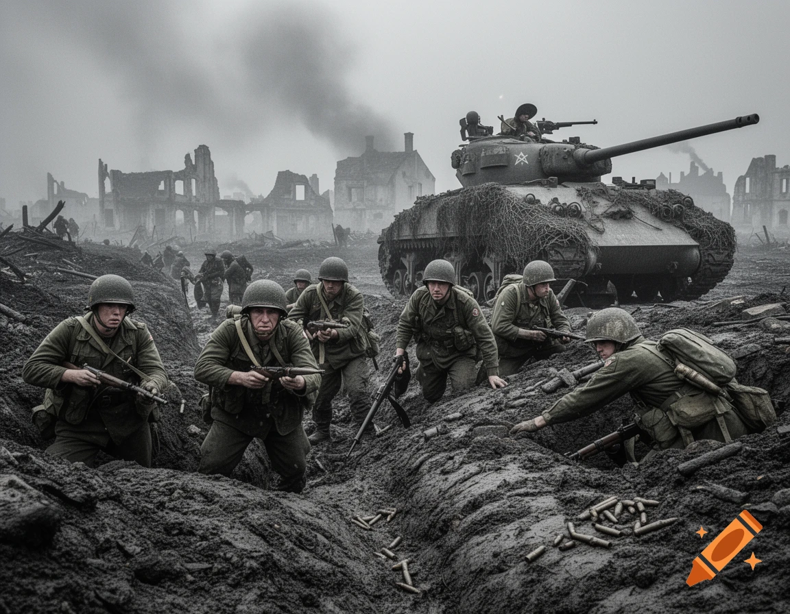 Photorealistic scene of WWII soldiers advancing through a muddy, ruined cityscape with a tank in a smoky atmosphere.