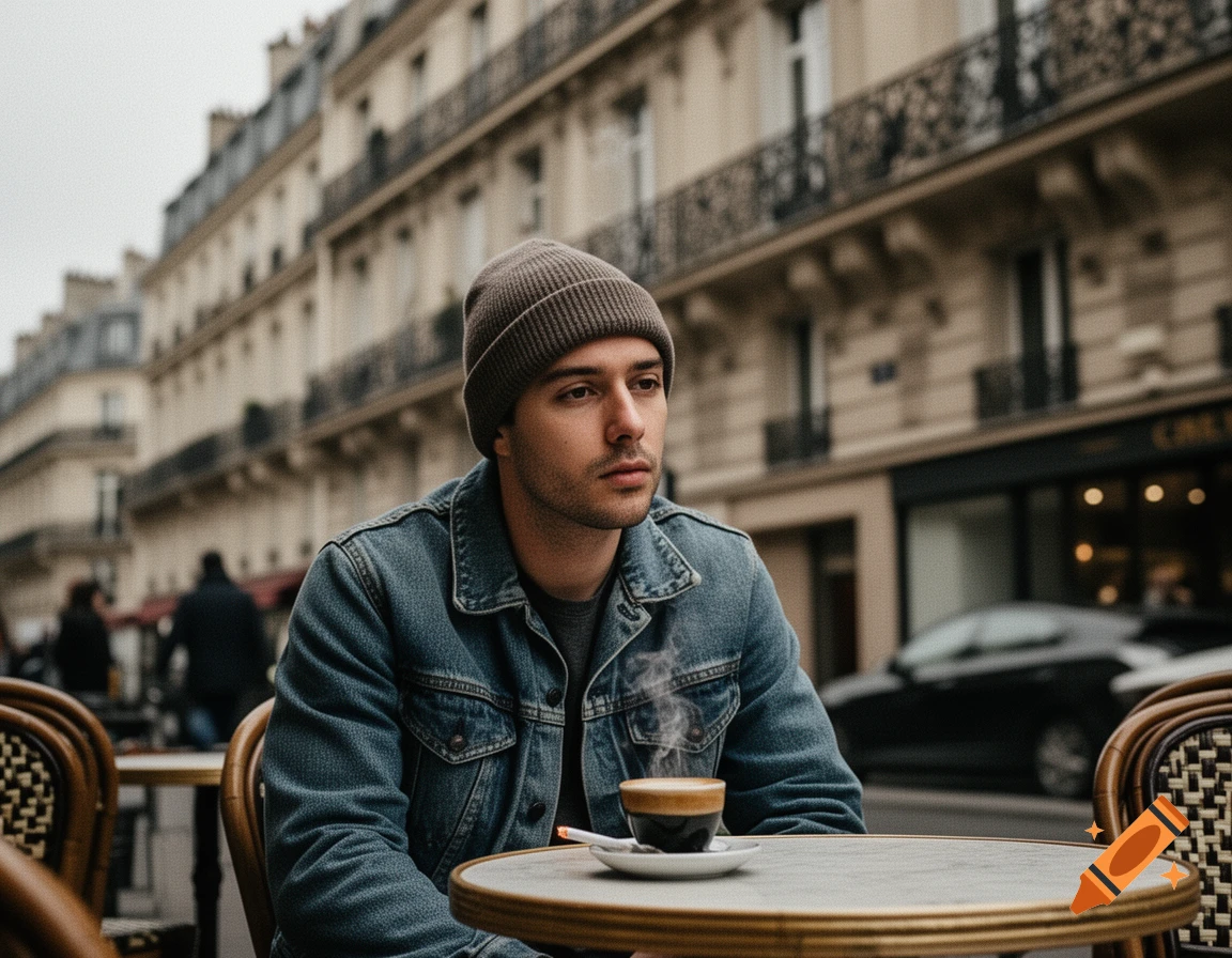 A man in a beanie and denim jacket sits at a cafe table with a steaming espresso, on a blurred Parisian street.