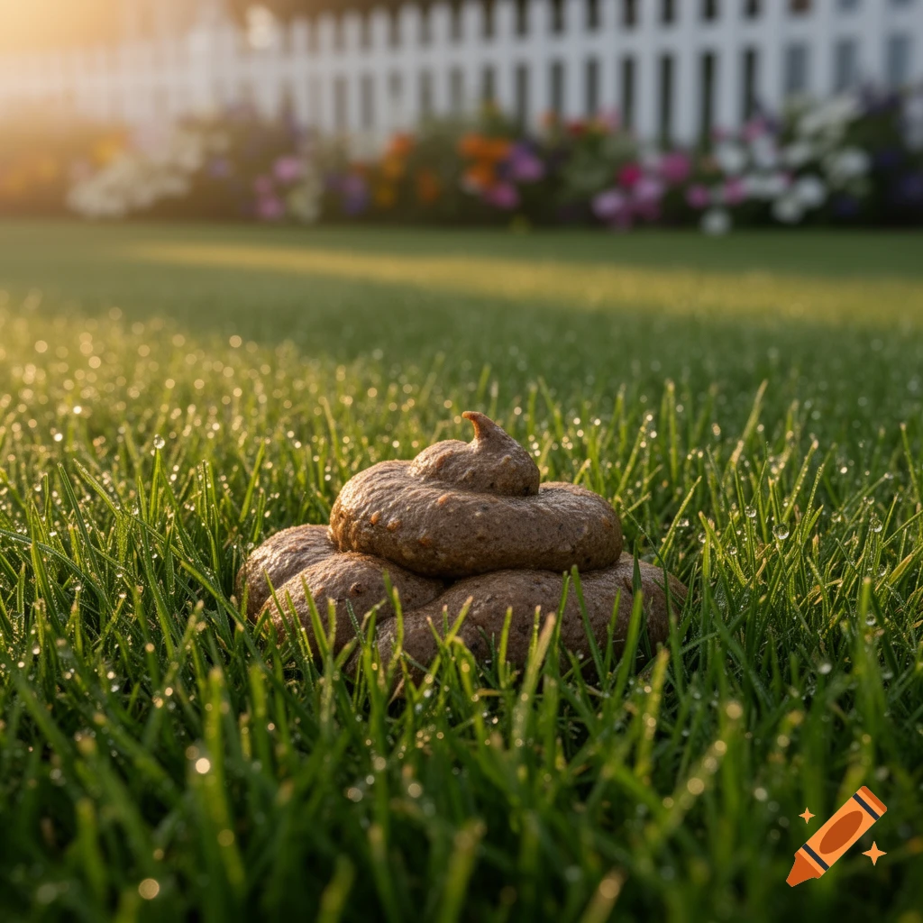 A pile of animal feces on dew-covered green grass in a sunny garden with a white picket fence.