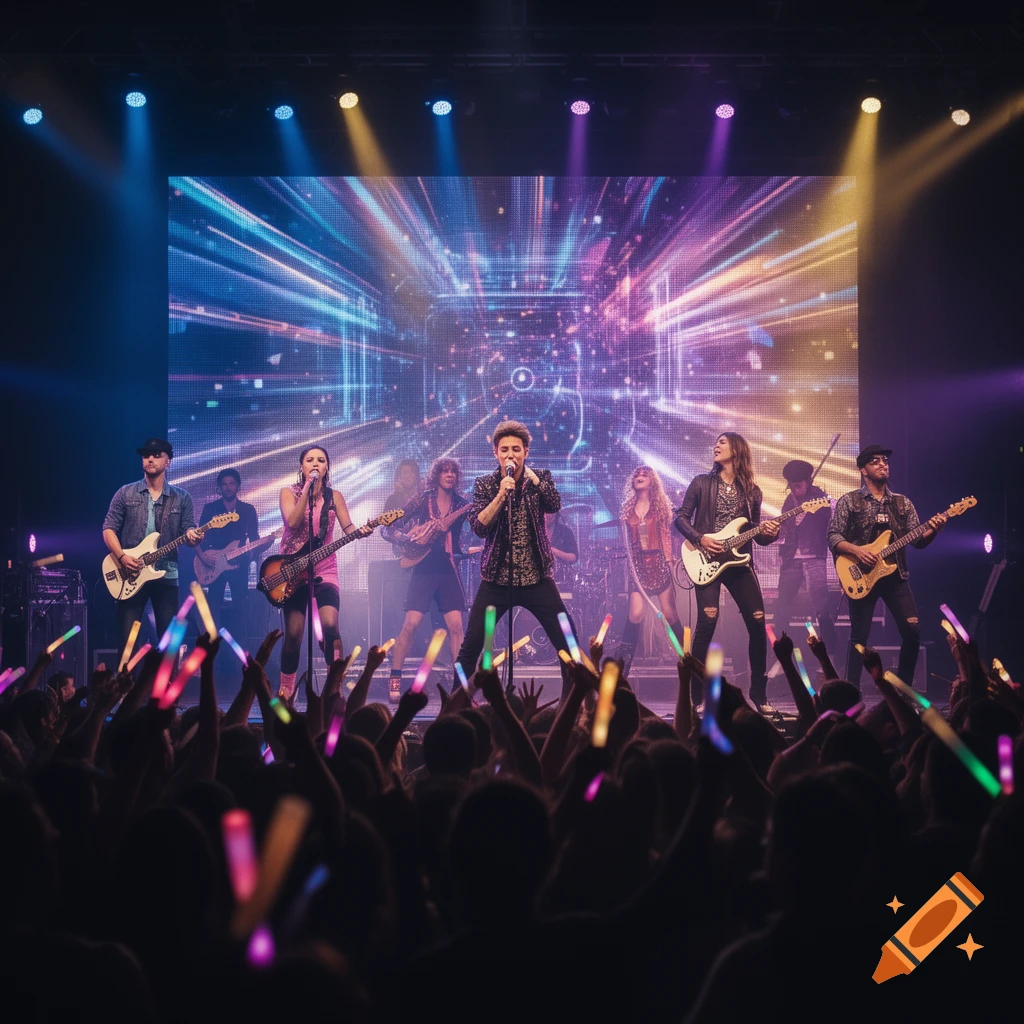 A live band performs on a brightly lit stage with a large, colorful abstract LED screen behind them, while a crowd in the foreground holds up glowing light sticks.