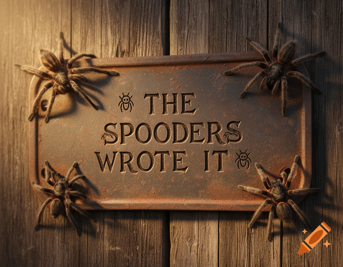 Four fuzzy tarantulas crawl on a rusty vintage metal sign that reads "THE SPOODERS WROTE IT", attached to a wooden wall.