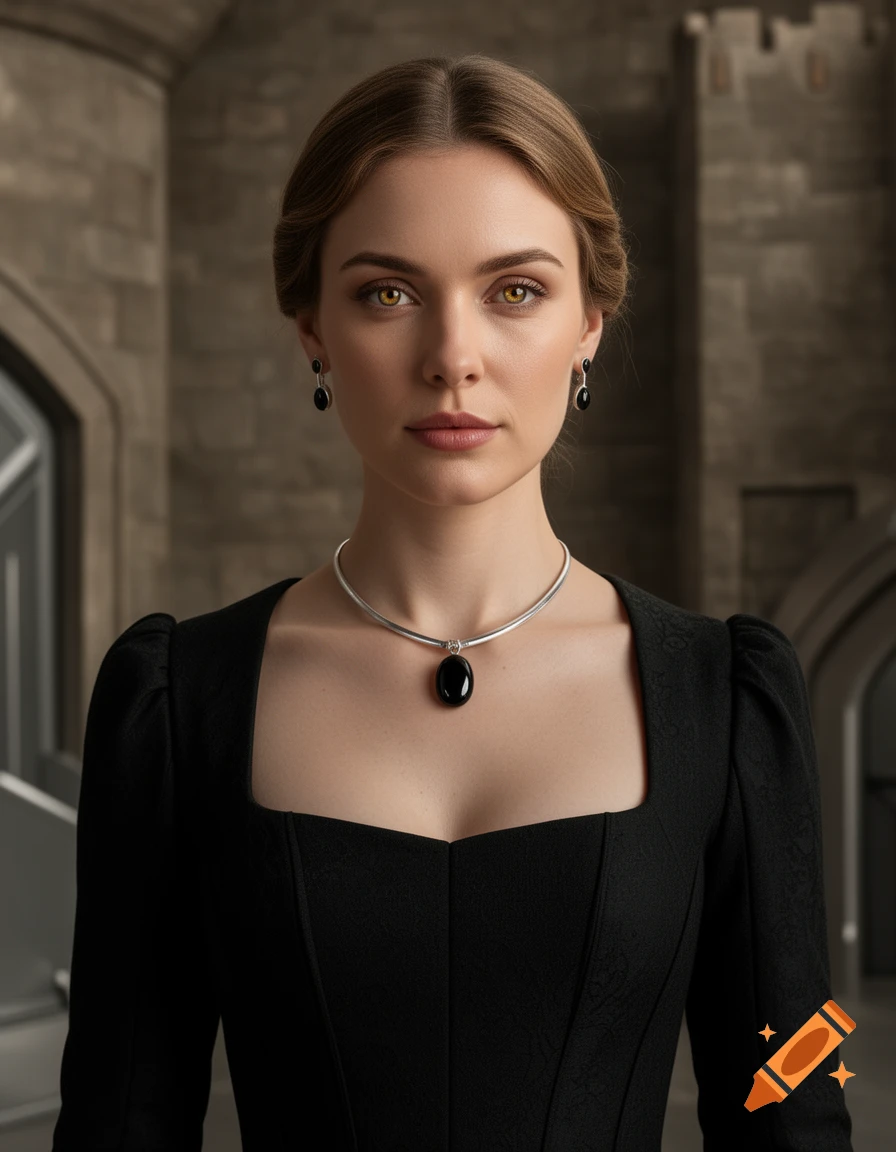 A photorealistic portrait of a woman with hazel eyes and light brown hair, wearing a black dress and silver and black onyx jewelry, in a stone castle interior.