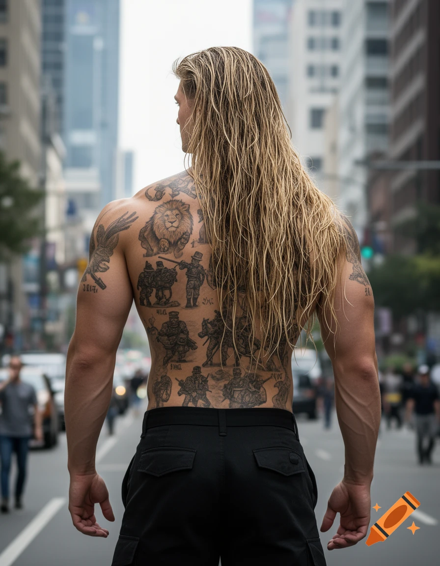 Rear view of a muscular man with long blonde hair and many tattoos on his back, walking down a city street.