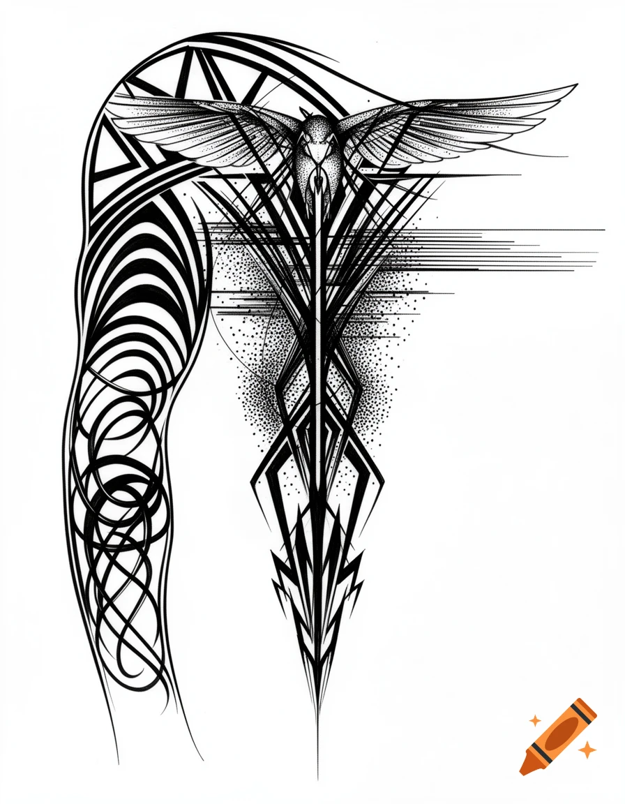 Abstract blackwork tattoo design for an upper arm, featuring a stylized bird, geometric patterns, flowing lines, and dotwork.