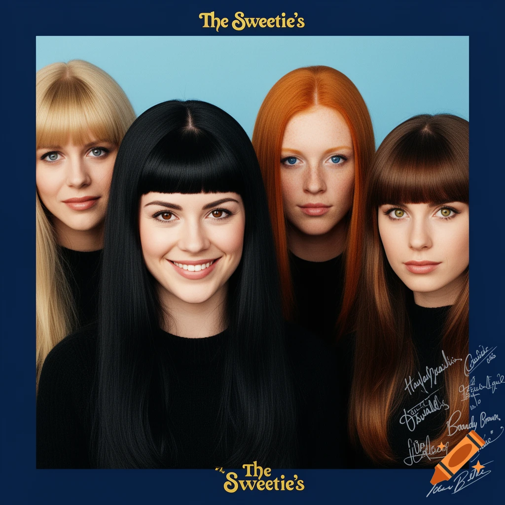 Four women, a blonde, a dark-haired woman, a ginger-haired woman, and a brown-haired woman, in black sweaters against a light blue background, with 'The Sweetie's' logo and stylized autographs.