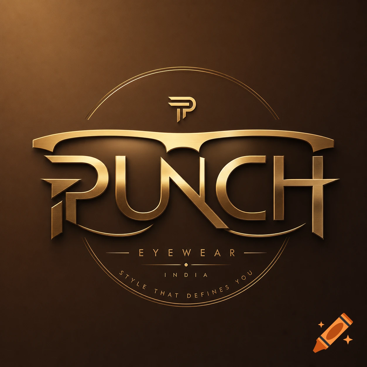 Golden 3D logo for Punch Eyewear, featuring stylized text within an eyeglasses silhouette on a brown background.