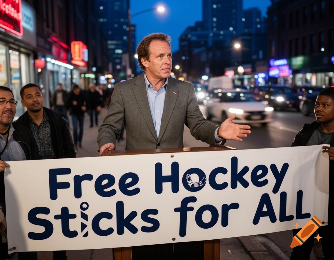 A politician in a suit campaigns on a city street at dusk, standing behind a banner that reads "Free Hockey Sticks for All".