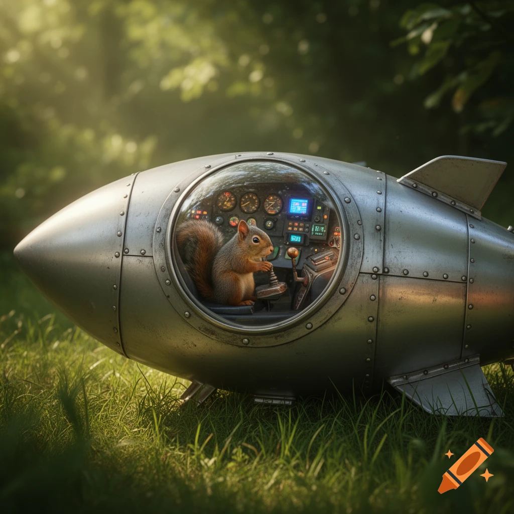 A photorealistic squirrel sits in the detailed cockpit of a silver rocketship, nestled in green grass with a blurred forest background.
