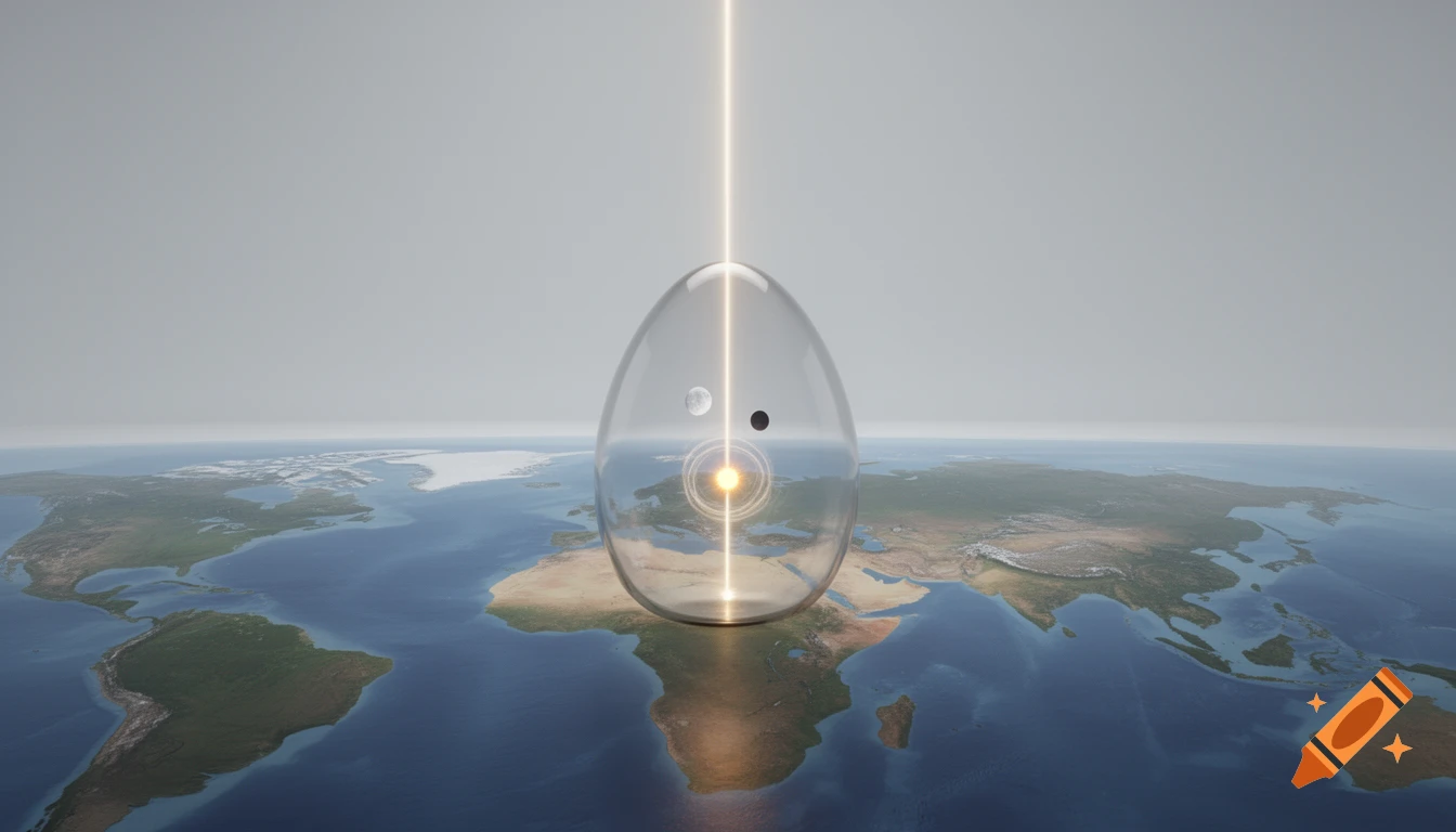 Photorealistic image of a minimalist glass egg dome resting on a flat world map, with a glowing light beam, sun, and moon inside.