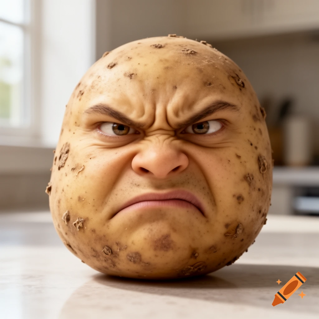 A close-up, photorealistic image of a potato with an angry human face expression, on a kitchen counter.
