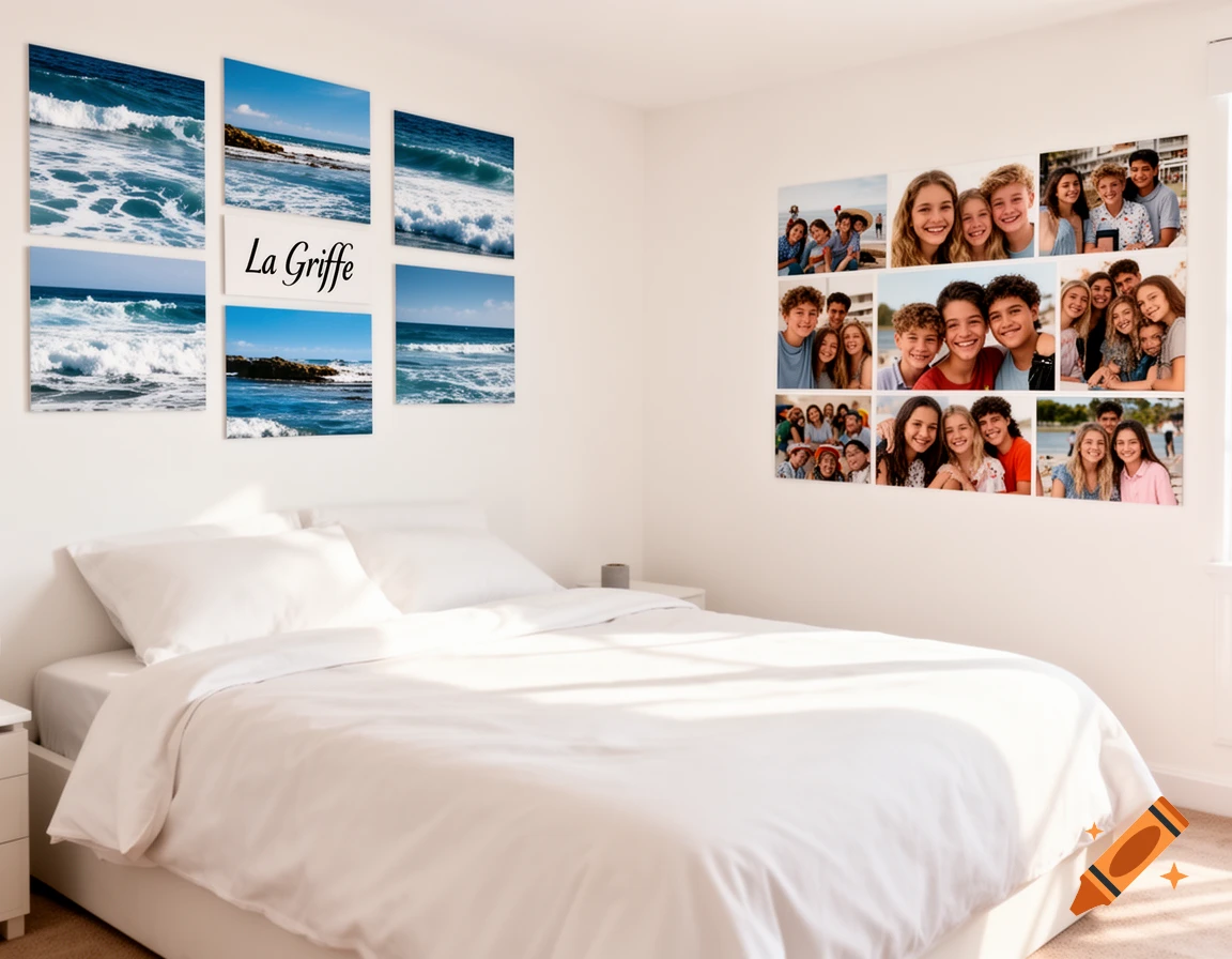 A minimalist bedroom with a white bed, ocean wave art, and a collage of smiling friends on the walls.