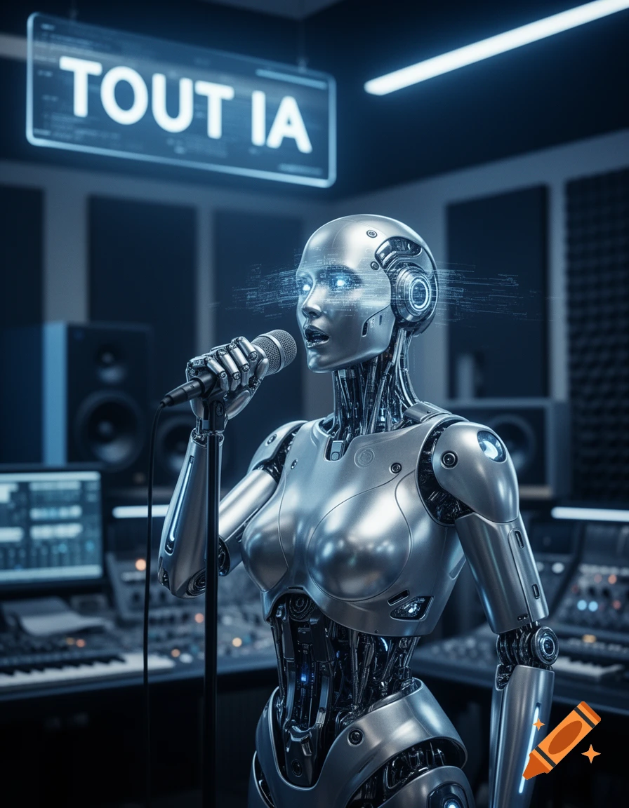 A photorealistic silver robot with glowing blue eyes and code on its face sings into a microphone in a futuristic recording studio, with a "TOUT IA" sign above.